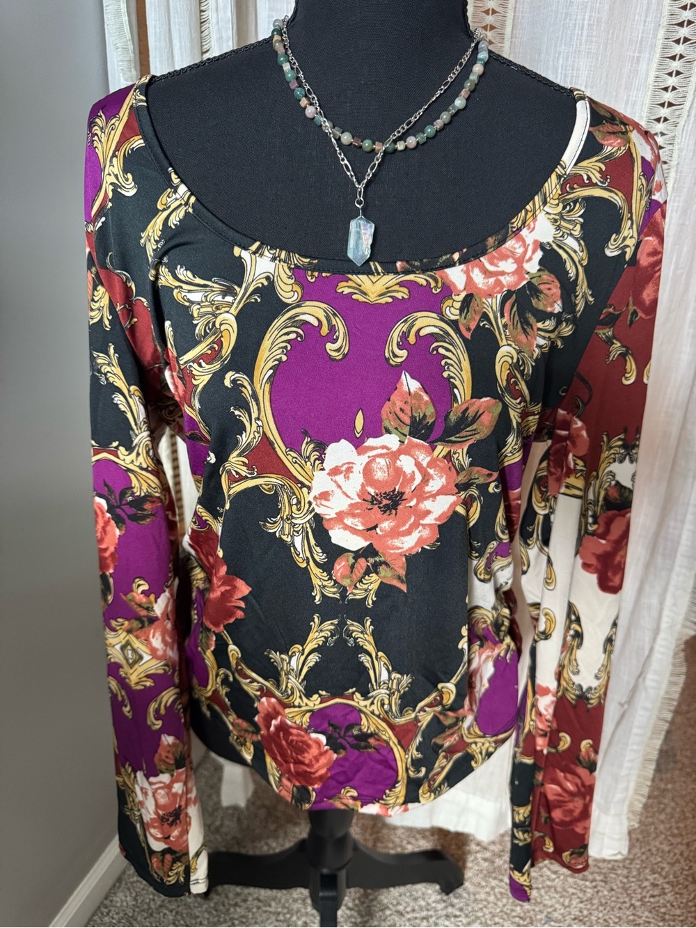 Baroque Floral Long-Sleeve, Smocked, Side Ruffle Shirt